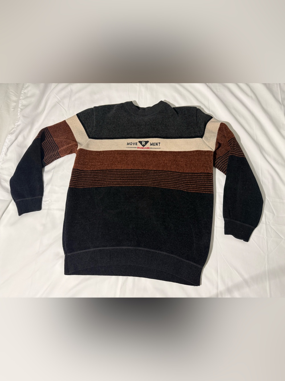 Striped Crewneck Sweater in Black, Brown & Cream